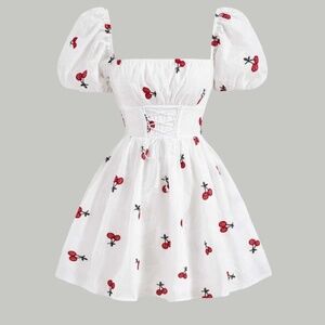SHEIN MOD Cherry Print Ruched Bust Puff Sleeve Milkmaid Dress